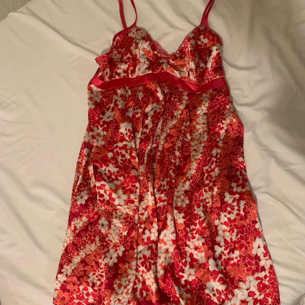 red and pink floral slip dress